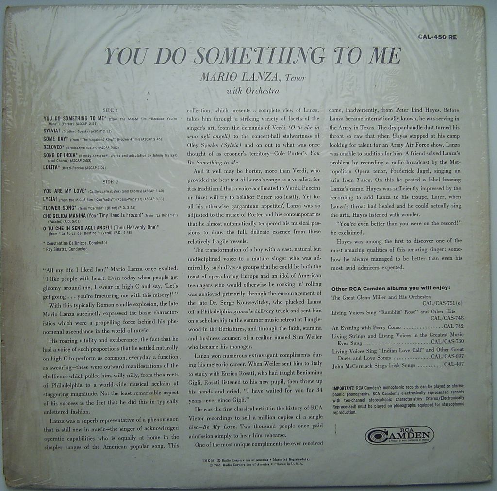 MARIO LANZA  You Do Something To Me  LP VG-/VG++ - фото фото фото 1