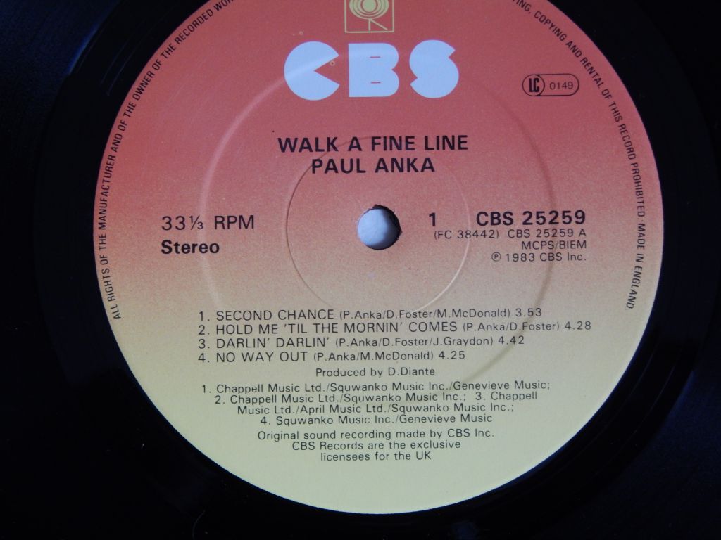 Paul Anka ‎– Walk A Fine Line    (CBS ‎– 25259, UK) insert EX+/NM- - фото фото фото 3