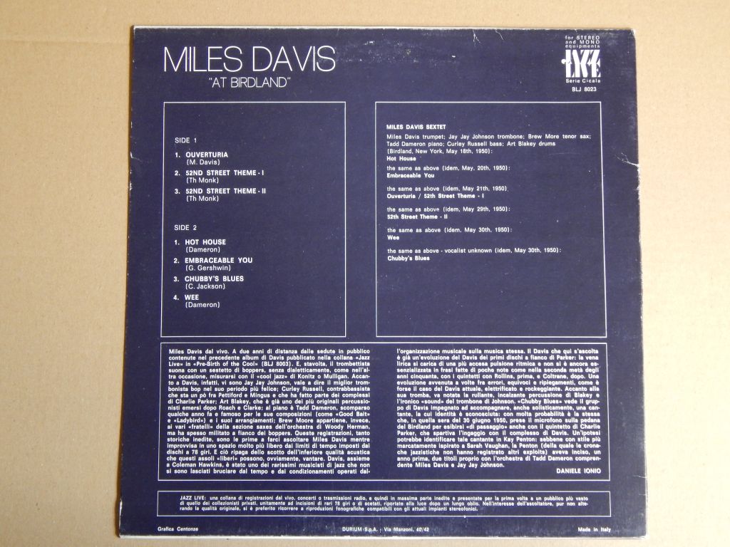 Miles Davis ‎– At Birdland   (Durium ‎– BLJ 8023, Italy) EX+/EX+ - фото фото фото 1