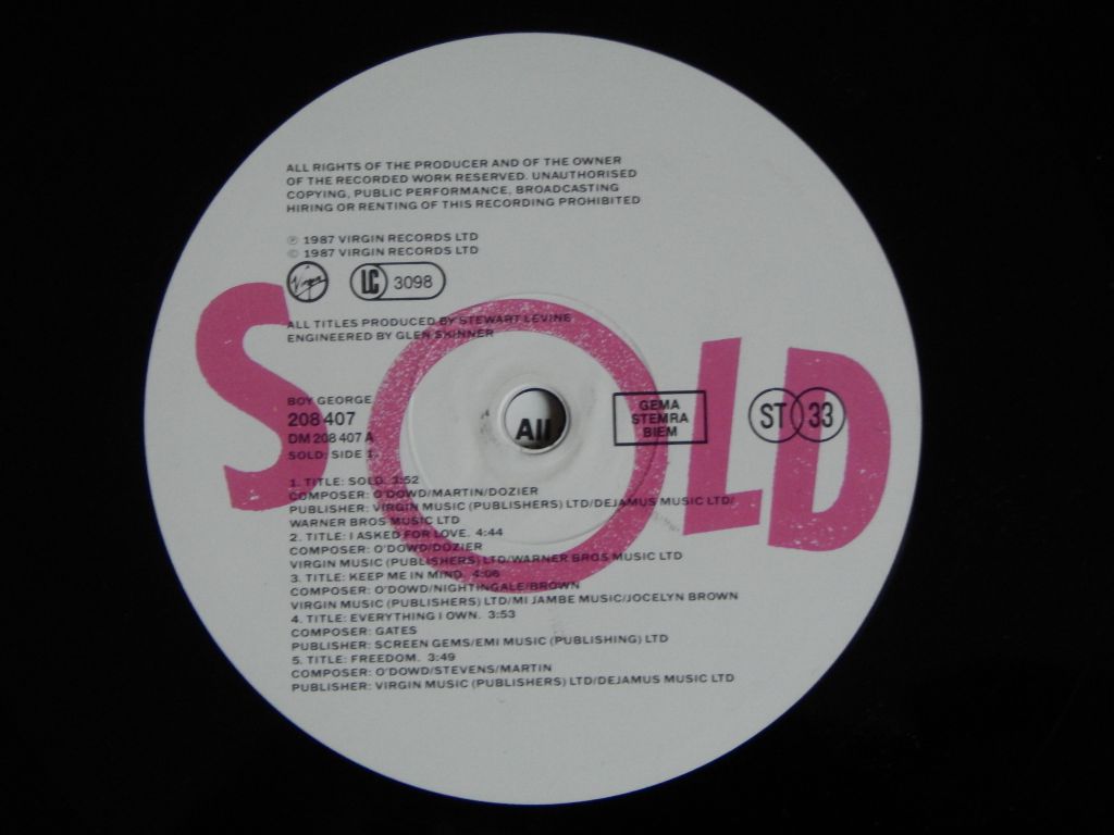 Boy George ‎– Sold  (Virgin ‎– 208 407, Germany) NM-/EX+ - фото фото фото 3