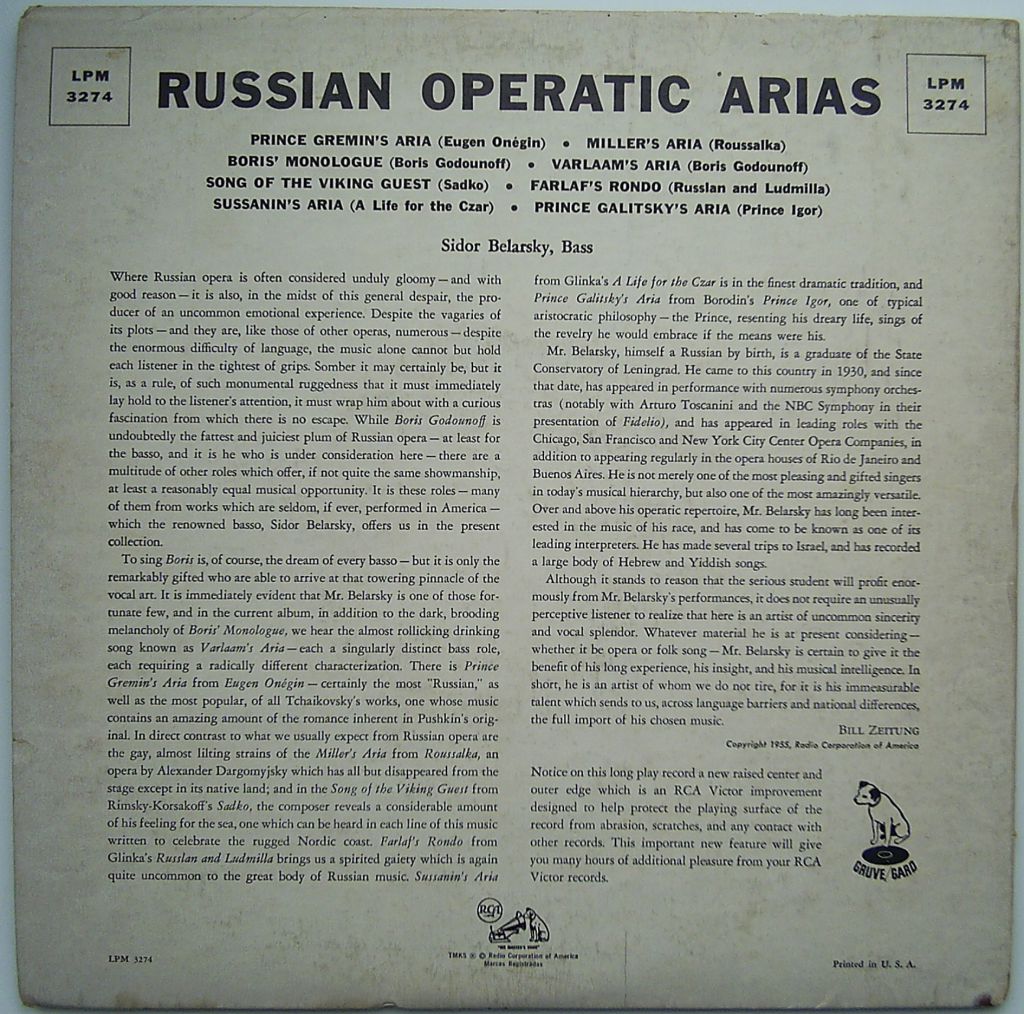 SIDOR BELARSKY Russian Operatic Arias LP 10" VG/VG- - фото фото фото 1