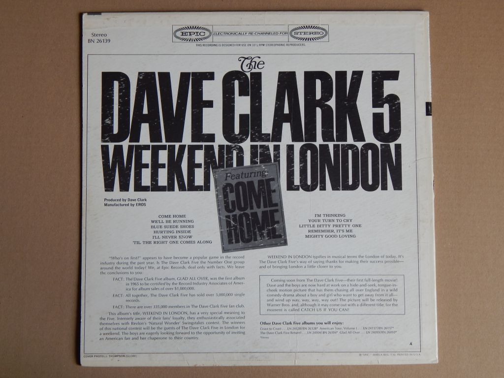 The Dave Clark 5 ‎– Weekend In London 1965 (Epic ‎– BN 26139, US) EX+/EX+ - фото фото фото 1