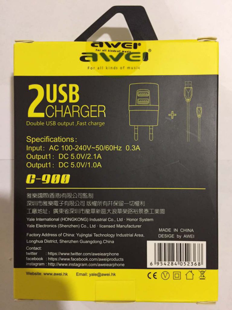 Сетевое зарядное устройство AWEI C-900 + кабель Micro USB  (5V 2.1A 2USB) - фото фото фото 1