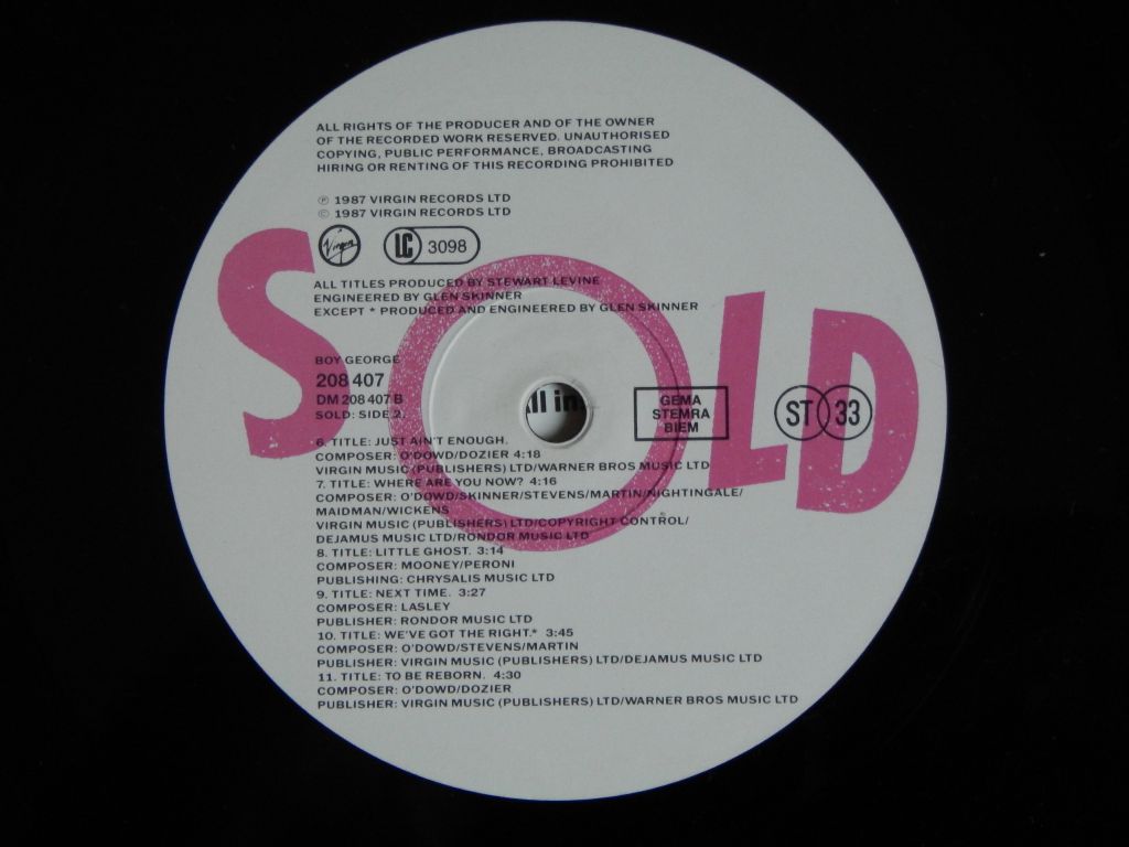 Boy George ‎– Sold  (Virgin ‎– 208 407, Germany) NM-/EX+ - фото фото фото 4