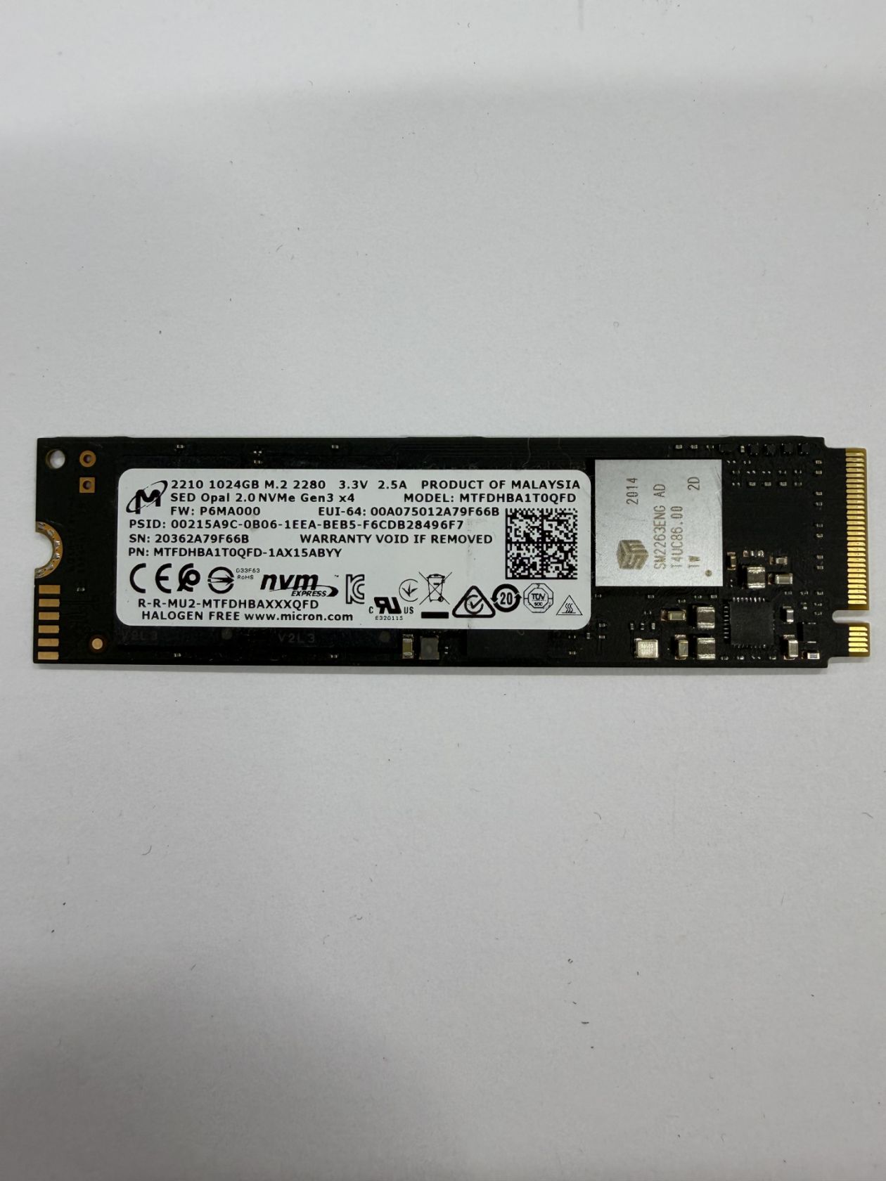 Накопичувач SSD Micron 2210 NVMe 1024Gb Gen3x4  (  MTFDHBA1T0QFD ) - робочий - фото фото фото 0