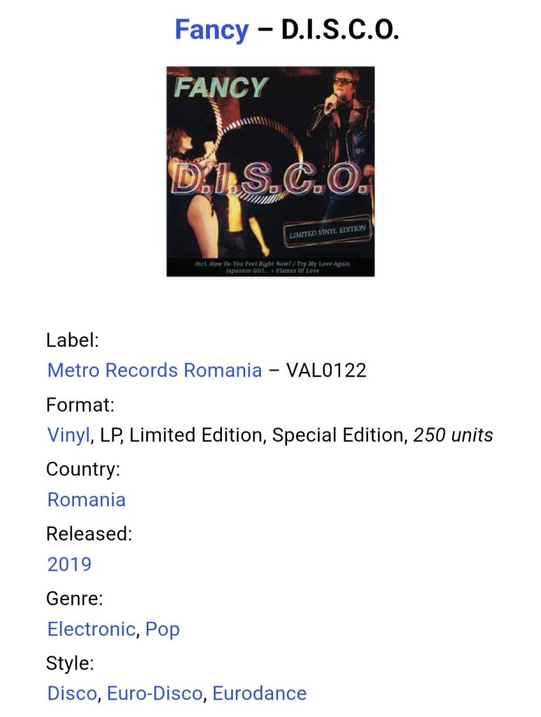 Fancy - D.I.S.C.O. - 1999.   (LP). 12. Vinyl. Пластинка. Romania. S/S. - фото фото фото 3