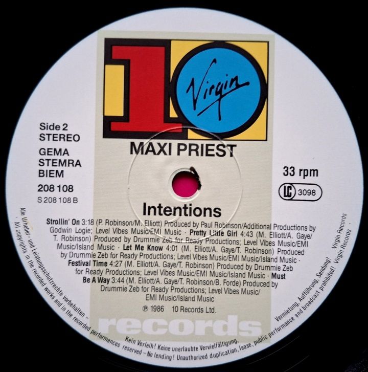 Maxi Priest - Intentions - 1986.  (LP). 12. Vinyl. Пластинка. Europe. - фото фото фото 3