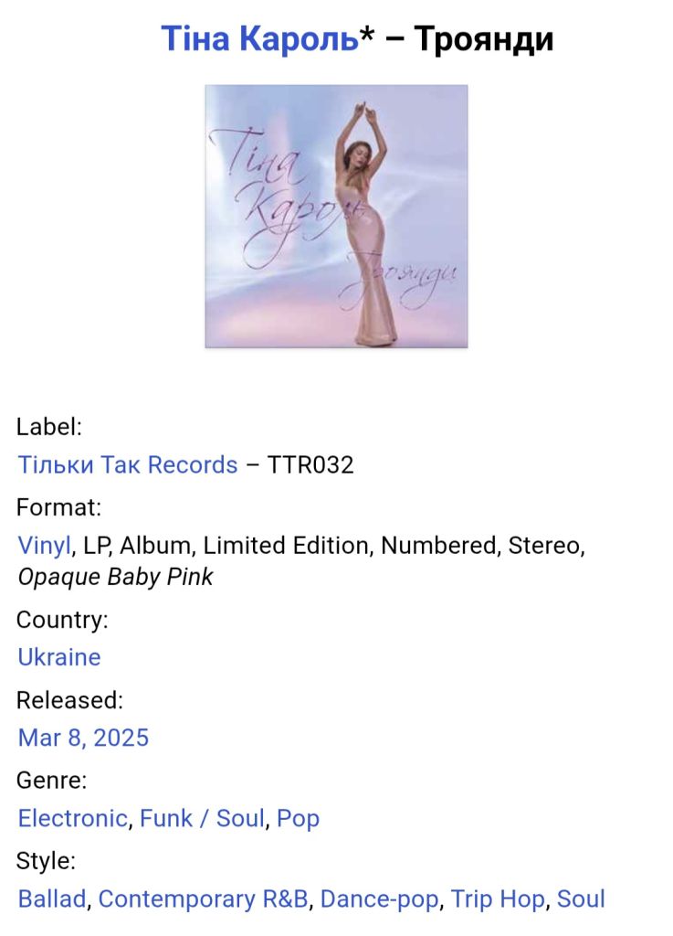Тіна Кароль - Троянди - 2024.  (LP). 12. Coloured Vinyl. Пластинка. Ukraine. S/S. - фото фото фото 5