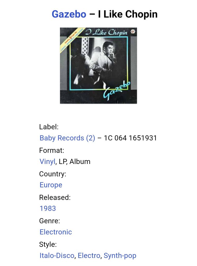 Gazebo - I Like Chopin - 1983.  (LP). 12. Vinyl. Пластинка. Germany. - фото фото фото 6