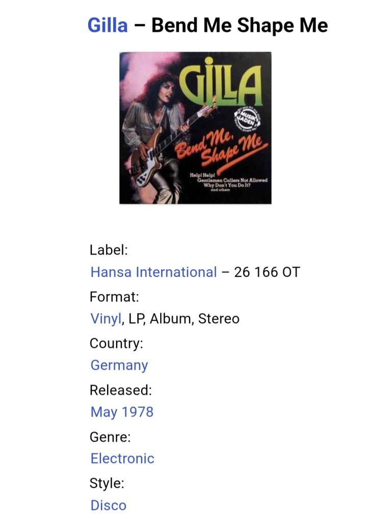 Gilla - Bend Me Shape Me - 1978.   (LP). 12. Vinyl. Пластинка. Germany. - фото фото фото 4