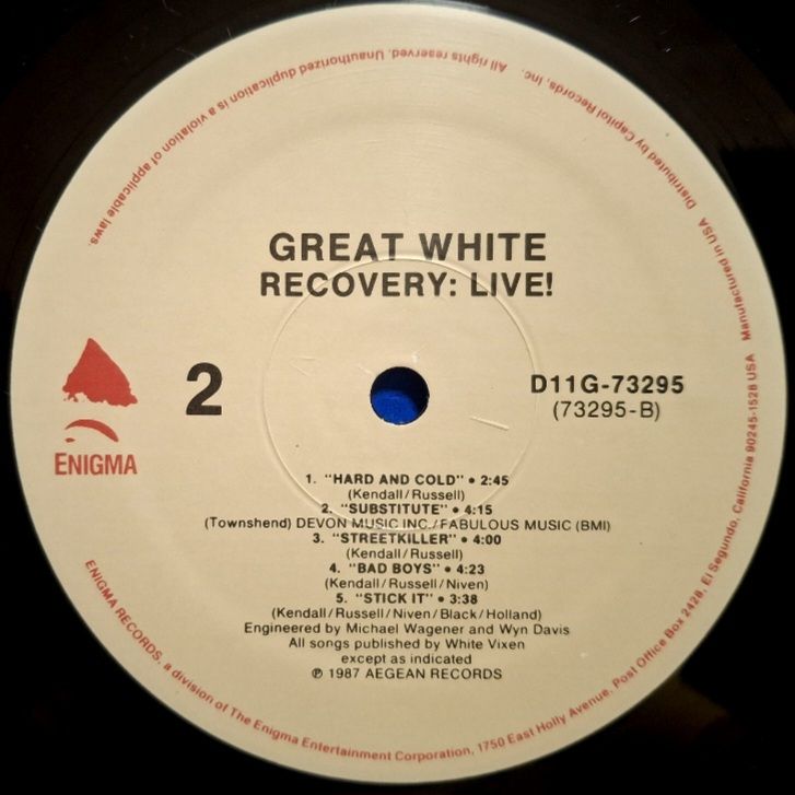 Great White - Recovery: Live! - 1983-86.  (LP). 12. Vinyl. Пластинка. USA. - фото фото фото 3