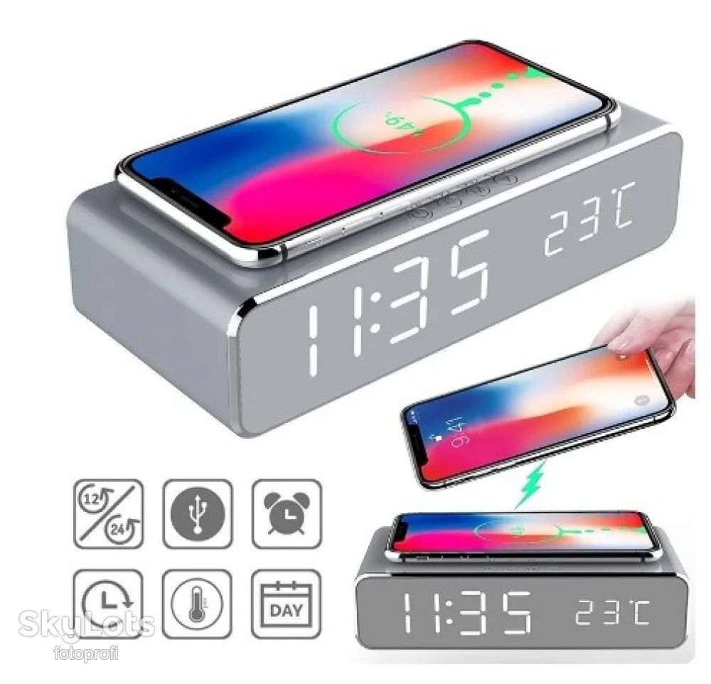Бездротова зарядка з LED годинником Fast wireless charger&amp;clock 10W Сіра - фото фото фото 3