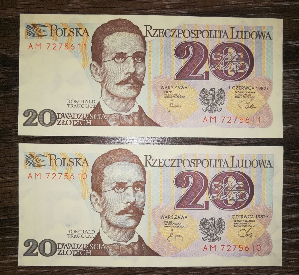 Poland Польща 20 злотих 1 червня 1982 UNC. 2шт № послідовно - фото фото фото 1