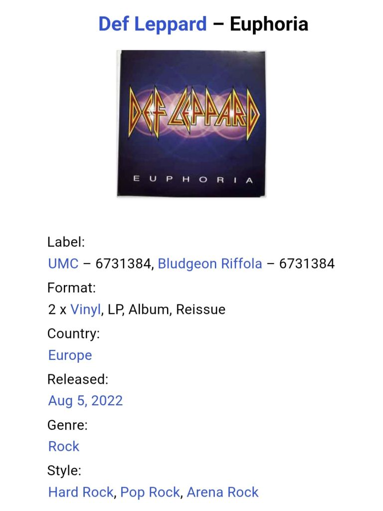 Def Leppard - Euphoria - 1999.  (2LP). 12. Vinyl. Пластинки. Europe. S/S. - фото фото фото 5