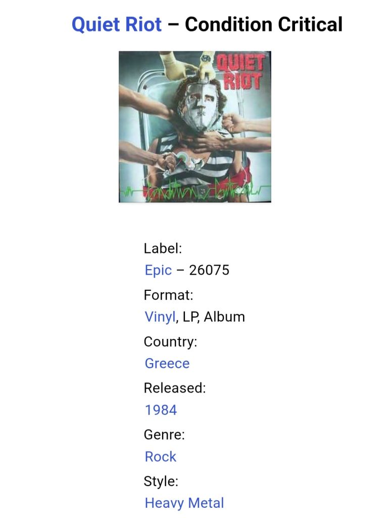 Quiet Riot - Conditional Critical - 1984.  (LP). 12. Vinyl. Пластинка. Greece. - фото фото фото 6