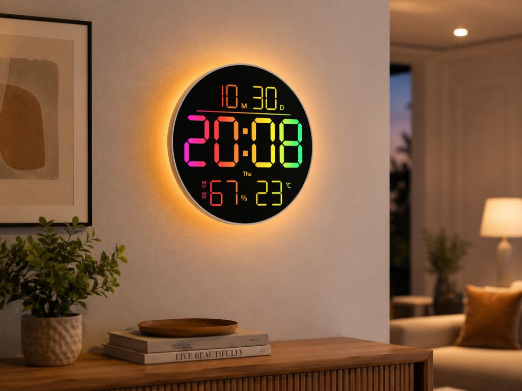 Годинник настінний 6695R / Настінний годинник круглі RGB з пультом / Календар, температура, вологість - фото фото фото 5
