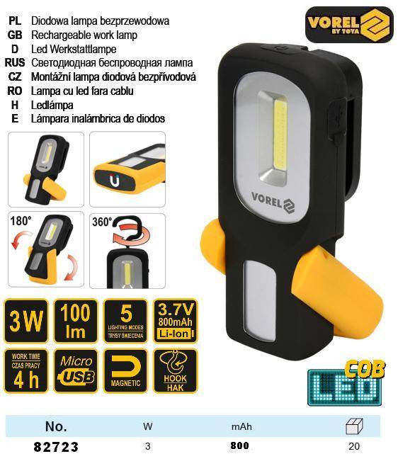 Фонарь COB LED 3 Вт аккумулятор Li-Ion 5 режимов VOREL-82723 - фото фото фото 4