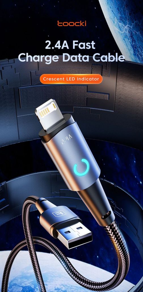 Кабель toocki USB-Lightning 0,25M для iPhone, 2.4А с led-индикатором - фото фото фото 0