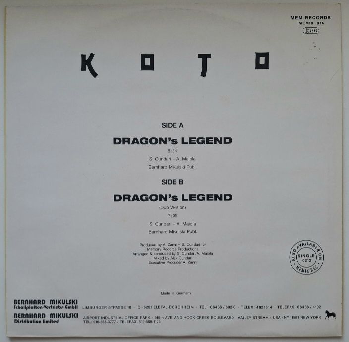 Koto - Dragon's Legend - 1988.   (EP). 12. Vinyl. Пластинка. Germany. - фото фото фото 1