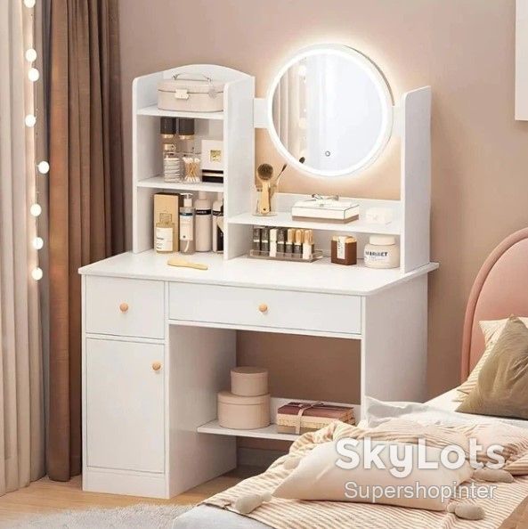 Туалетный столик STL-MD 73 с зеркалом и LED-подсветкой, с полками и ящиками, белый - фото фото фото 2