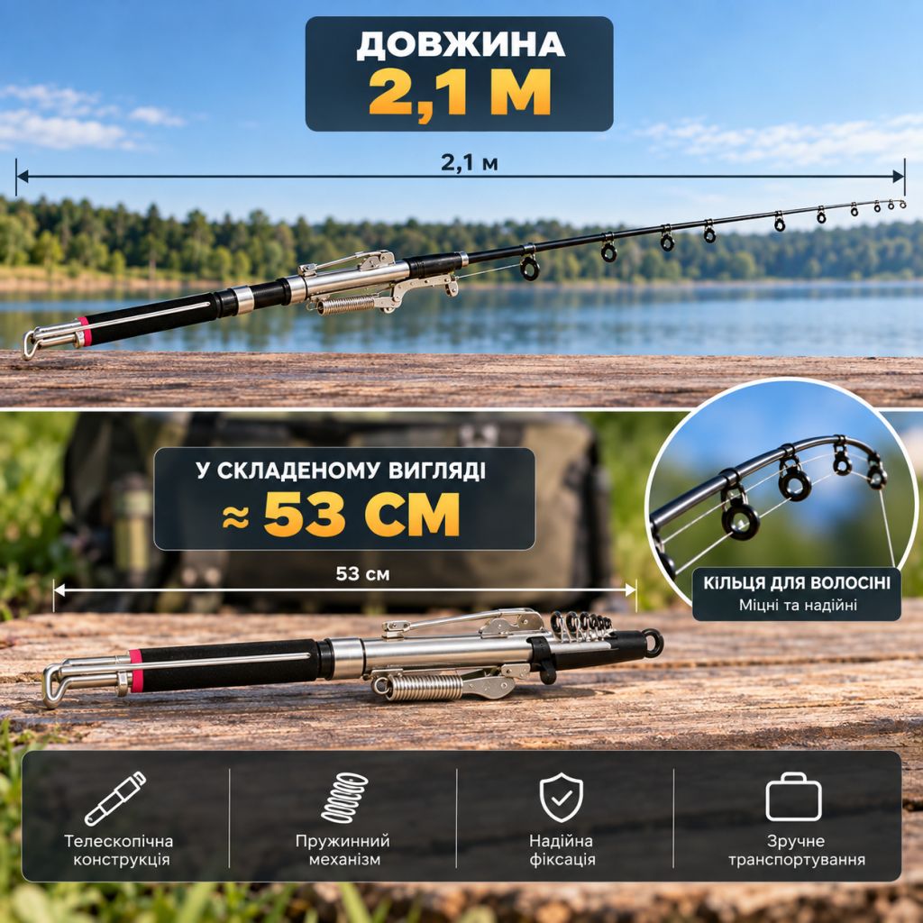 Вудка самопідсікаюча телескопічна 2,1 м з пружинним механізмом - фото фото фото 2