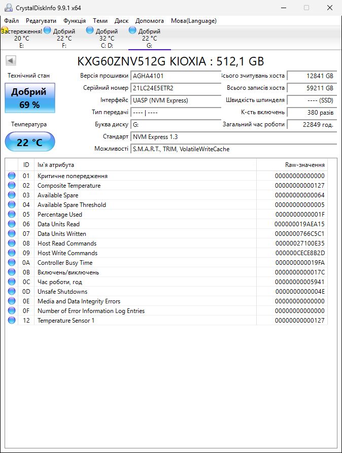 512Gb SSD NVMe PCI-E 3.0  Kioxia XG6 m2 2280 69% - фото фото фото 1