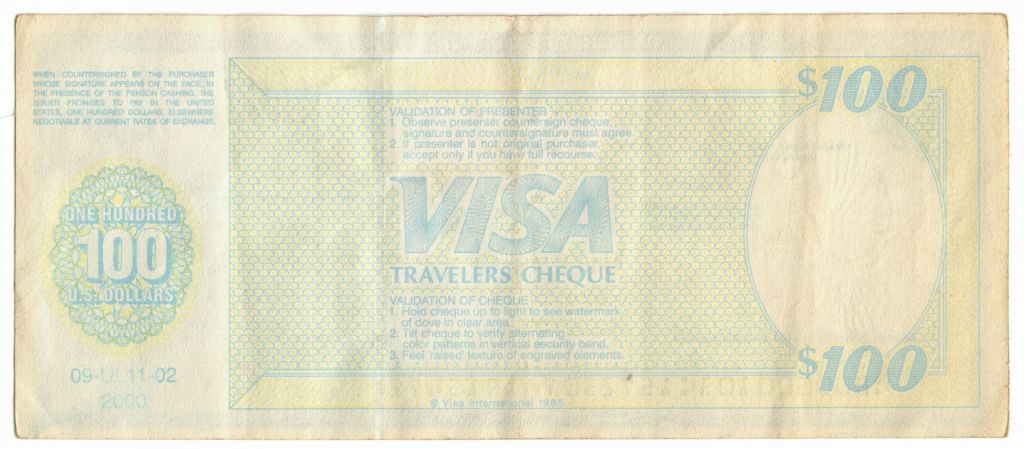Винтажный дорожный чек Visa 100 USD  travelers cheques Dollars AAA - фото фото фото 1