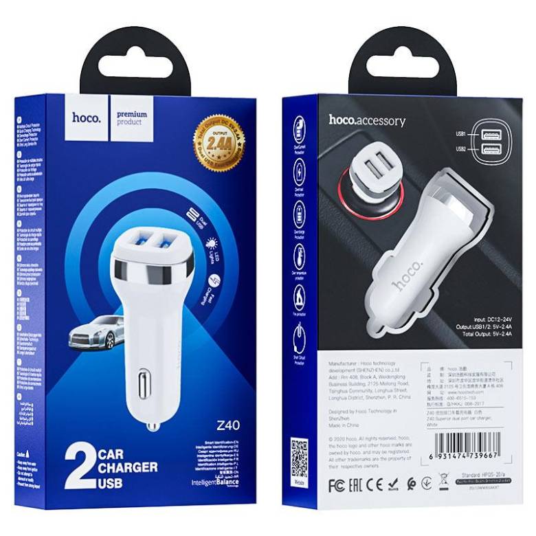 Автомобільний зарядний пристрій Hoco Z40 12W / 2.4A 2USB White - фото фото фото 2