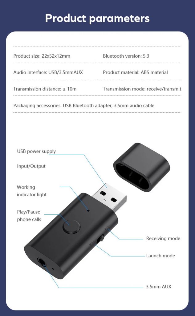 USB AUX адаптер 3в1 Bluetooth 5.3 стерео приёмник ресивер трансмиттер - фото фото фото 2