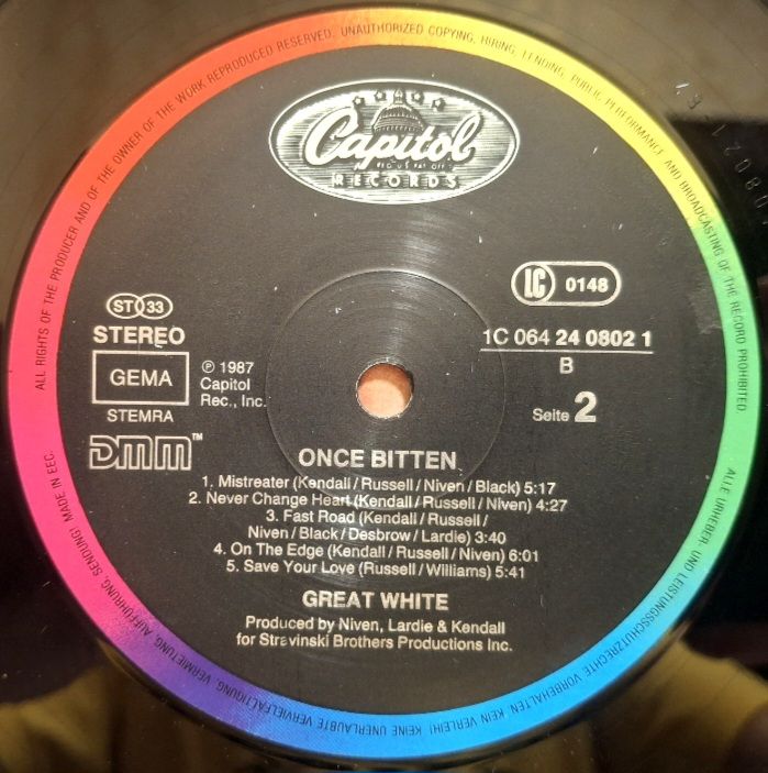 Great White - Once Bitten - 1987.  (LP). 12. Vinyl. Пластинка. EEC - фото фото фото 3