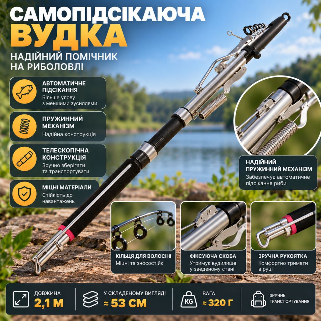 Вудка самопідсікаюча телескопічна 2,1 м з пружинним механізмом - фото фото фото 0
