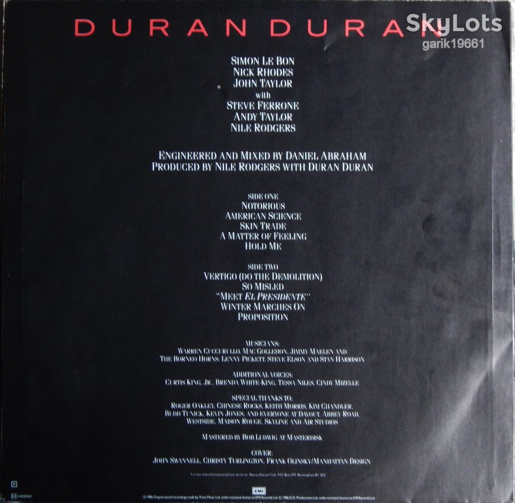 Duran Duran ‎– Notorious  (EMI ‎– 2406591, Italy) inner sleeve EX/NM- - фото фото фото 2