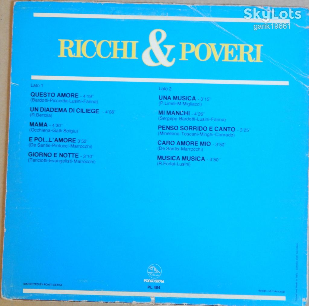 Ricchi &amp; Poveri – Ricchi &amp; Poveri  (Fonit Cetra – PL 404, Italy) VG+/NM- - фото фото фото 1