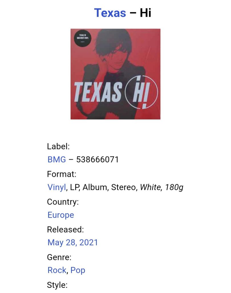 Texas - Hi - 2021.  (LP). 12. White Vinyl. Пластинка. Europe. S/S. - фото фото фото 2