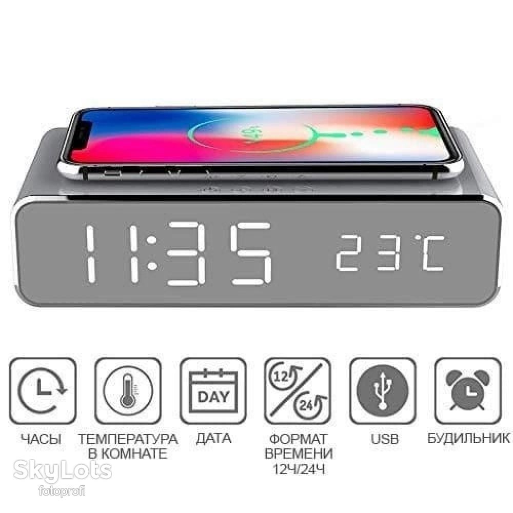 Бездротова зарядка з LED годинником Fast wireless charger&amp;clock 10W Сіра - фото фото фото 2