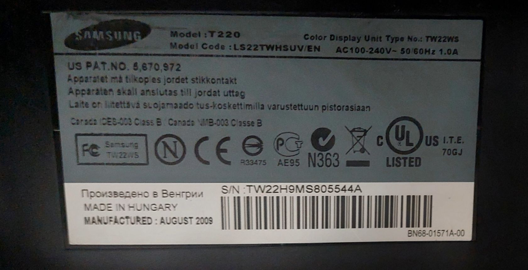 Монітор 22" Samsung SM T220 LS22TWHSUV  б/в код.2209 - фото фото фото 4