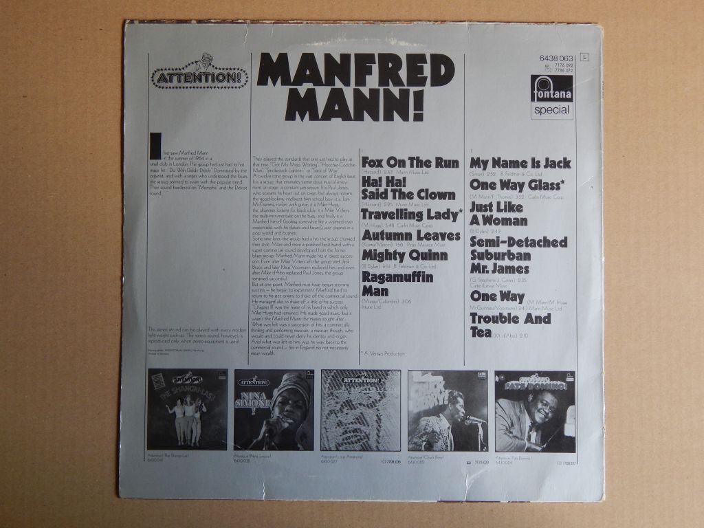 Manfred Mann ‎– Attention! Manfred Mann!   (Fontana ‎– 6438 063, Germany) EX+/EX+ - фото фото фото 1
