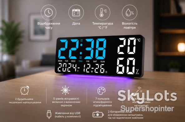 Часы настенные GH9002 / Цифровые настенные, настольные LED-часы / Часы + календарь, температура, влажность - фото фото фото 5