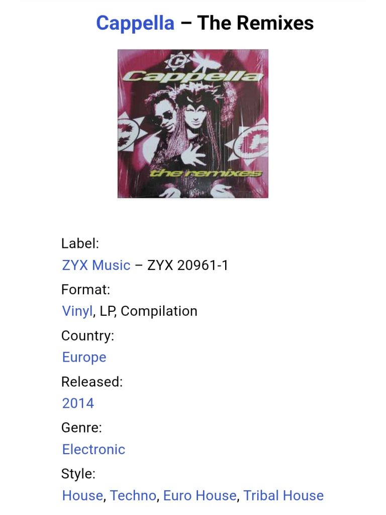 Cappella ‎– The Remixes - 2014.  (LP). 12. Vinyl. Пластинка. Europe. S/S. - фото фото фото 2