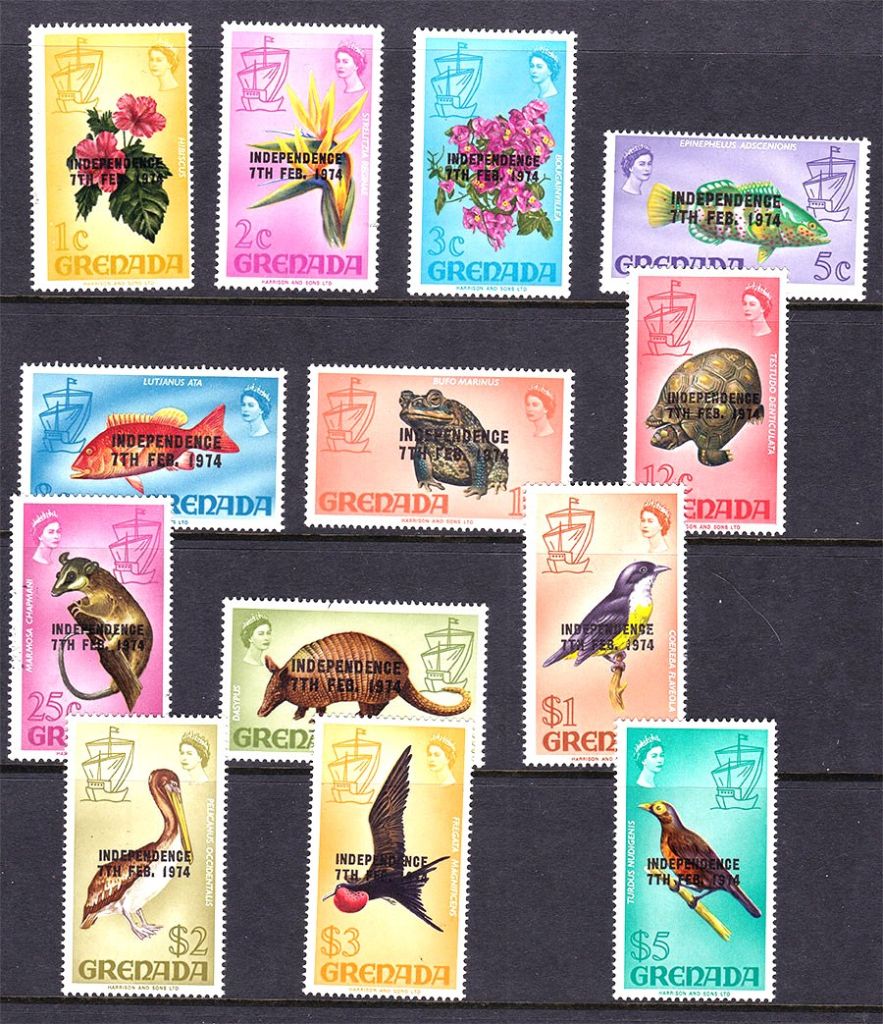 Фауна . Гренада  1974 г  MNH - рыбы , птицы - надпечатка - фото фото фото 0