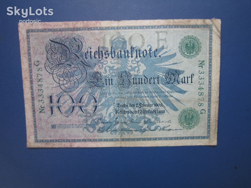 Банкнота 100 марок Німеччина імперія 1908 зелена печатка - фото фото фото 0