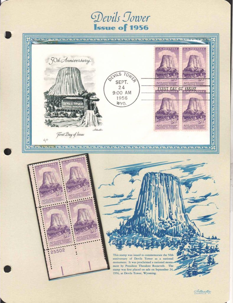 США 1956  г - квартблок MNH + КПД  ХМК с квартблоком  -  DEVILS TOWER - фото фото фото 0