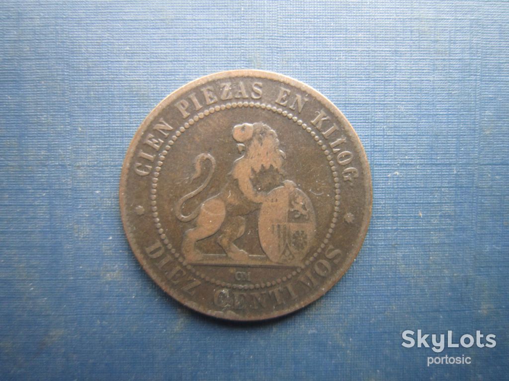 Монета 10 сентімо  (грамо) Іспанія 1870 фауна лев стан - фото фото фото 1