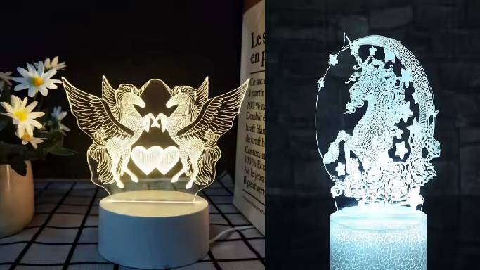 Нічник багатобарвний 3D світильник дитячий із 2 пластинами із зображенням єдинорогів - фото фото фото 0