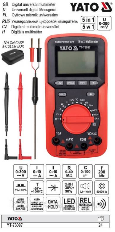 Прилад універсальний 5 в 1 для вимірюв. електр. параметрів і температури YATO 24 - фото фото фото 0