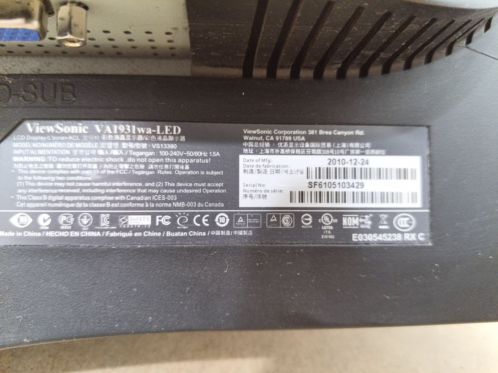 Б/У Монітор 19" ViewSonic VA1931WA-LED  (БЕЗ НОГИ)   код 12И - фото фото фото 2