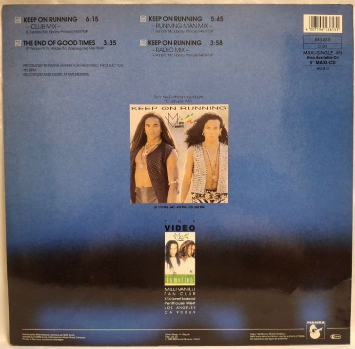 Milli Vanilli - Keep On Running - 1990.  (EP). 12. Vinyl. Пластинка. Germany. - фото фото фото 1