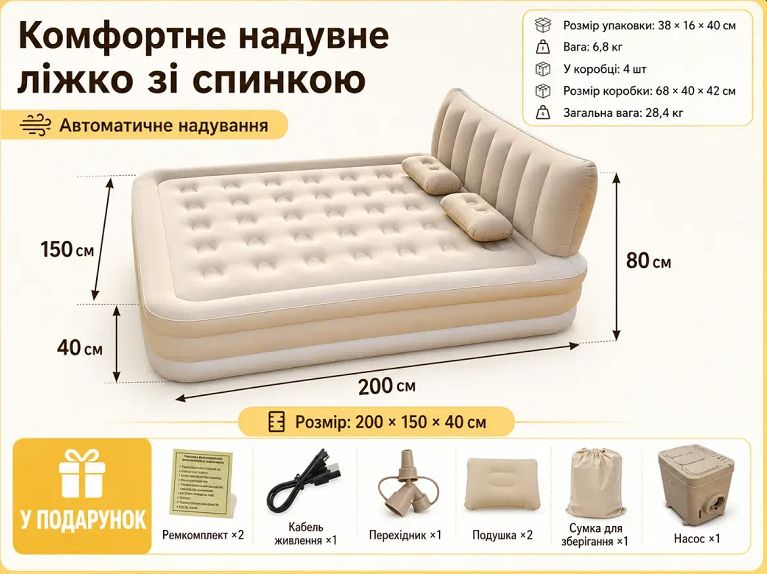 Двоспальне ліжко-матрац з изголів'ям, вбудованим електронасосом і 2 подушками - фото фото фото 2