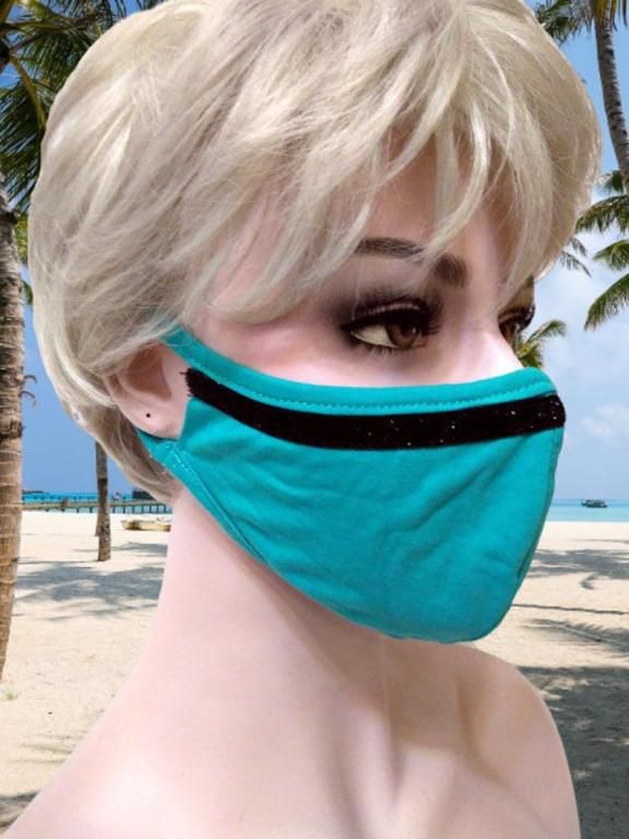 Бирюзовая трикотажная маска с блестящей черной полоской, двухслойная эластичная многоразовая маска - фото фото фото 4