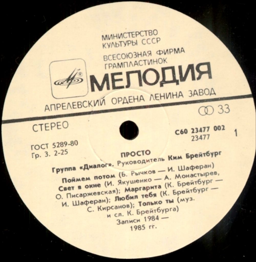 Диалог ЕХ Меладзе - Просто - 1985.  (LP). 12. Vinyl. Пластинка - фото фото фото 2